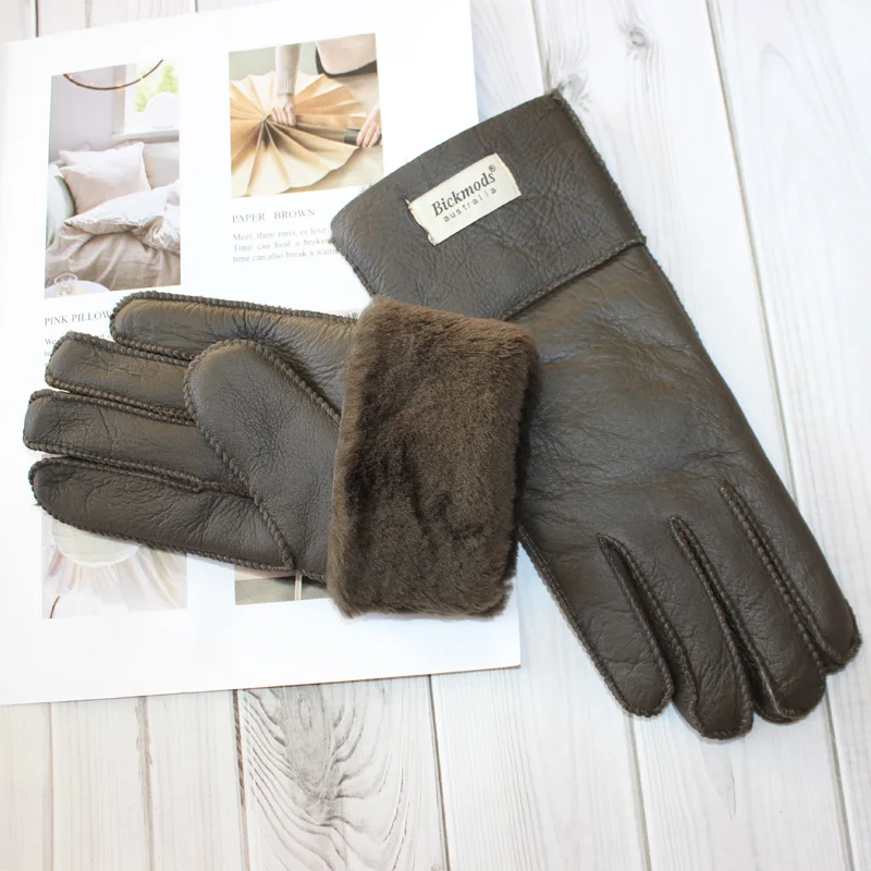 New Winter Women's Sheepskin Fur Gloves Thickened Warm Wool Lining Windproof Leather Driving Gloves