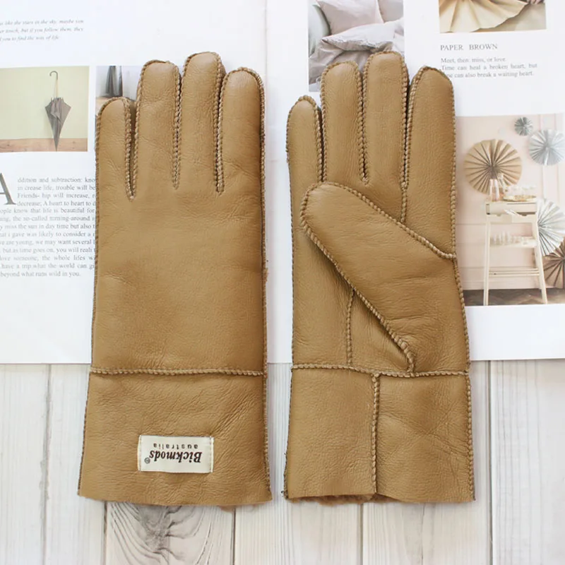 New Winter Women's Sheepskin Fur Gloves Thickened Warm Wool Lining Windproof Leather Driving Gloves