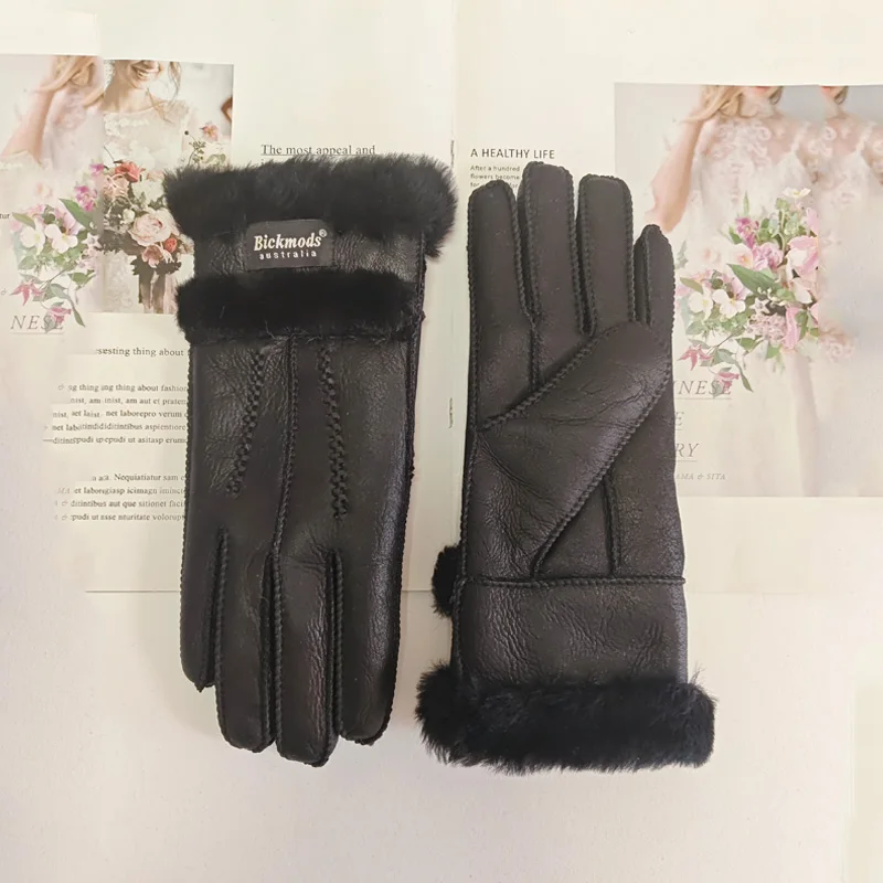 New Winter Women's Sheepskin Fur Gloves Thickened Warm Wool Lining Windproof Leather Driving Gloves