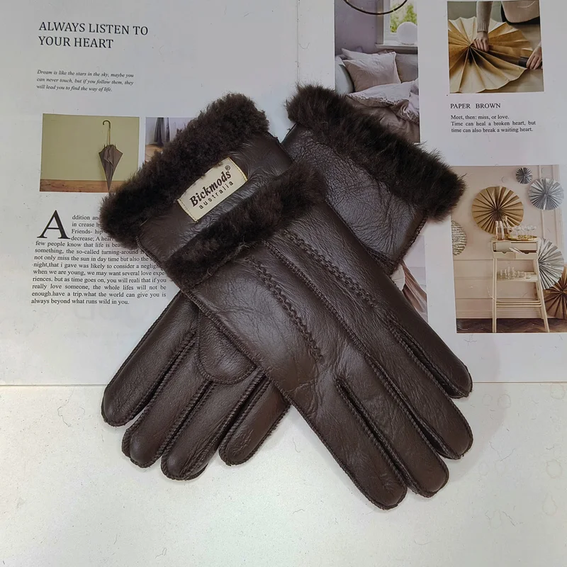 New Winter Women's Sheepskin Fur Gloves Thickened Warm Wool Lining Windproof Leather Driving Gloves