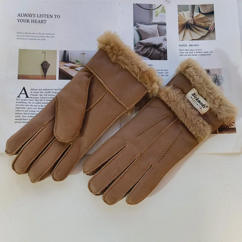 New Winter Women's Sheepskin Fur Gloves Thickened Warm Wool Lining Windproof Leather Driving Gloves