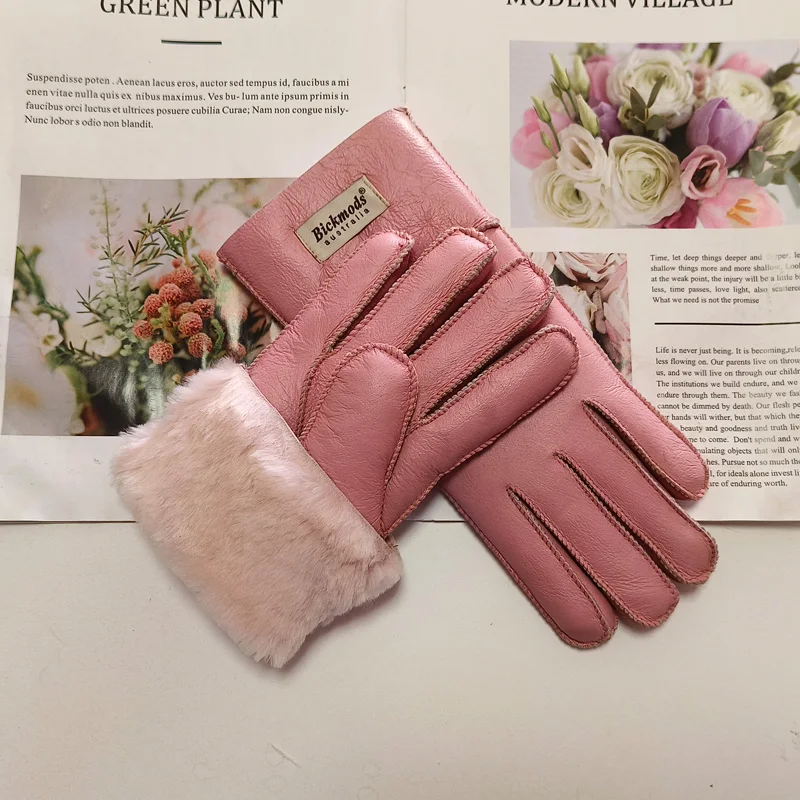 New Winter Women's Sheepskin Fur Gloves Thickened Warm Wool Lining Windproof Leather Driving Gloves