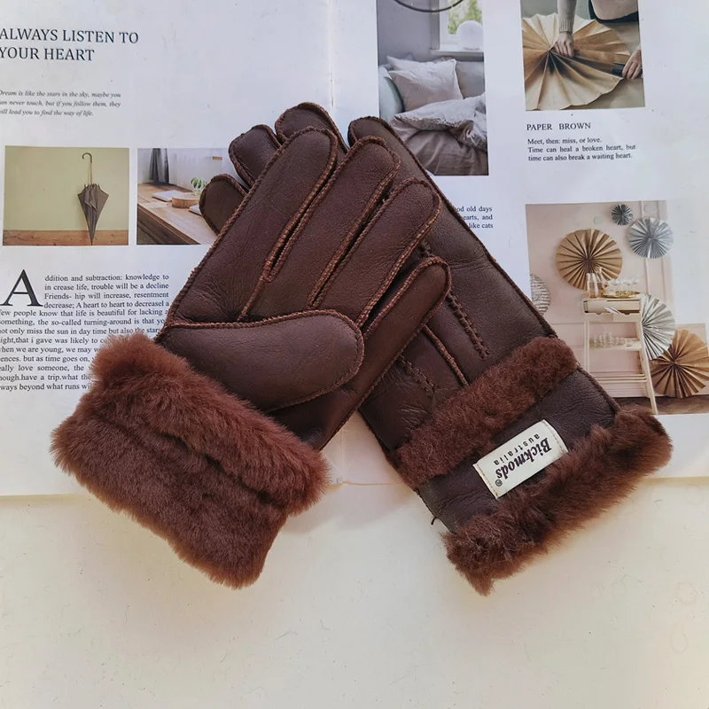 New Winter Women's Sheepskin Fur Gloves Thickened Warm Wool Lining Windproof Leather Driving Gloves