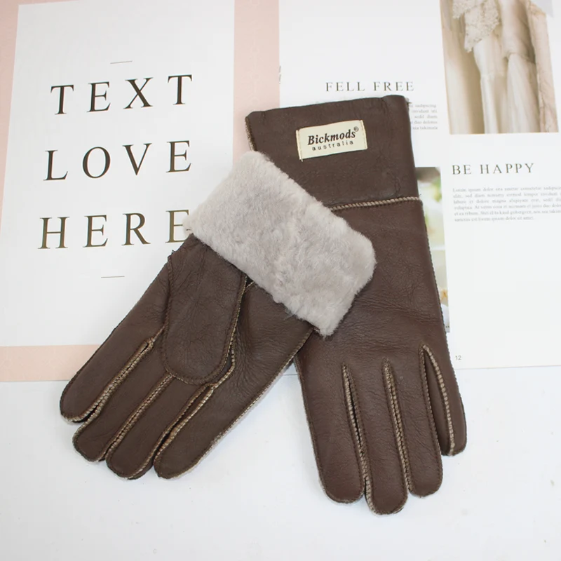 New Winter Women's Sheepskin Fur Gloves Thickened Warm Wool Lining Windproof Leather Driving Gloves