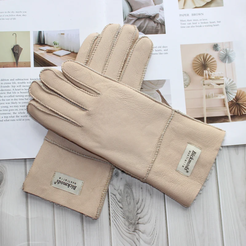 New Winter Women's Sheepskin Fur Gloves Thickened Warm Wool Lining Windproof Leather Driving Gloves