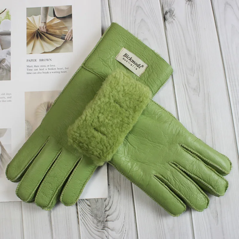 New Winter Women's Sheepskin Fur Gloves Thickened Warm Wool Lining Windproof Leather Driving Gloves