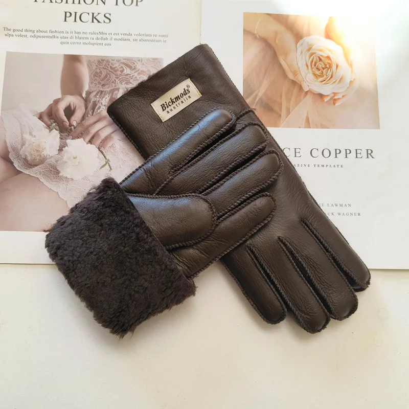 New Winter Women's Sheepskin Fur Gloves Thickened Warm Wool Lining Windproof Leather Driving Gloves
