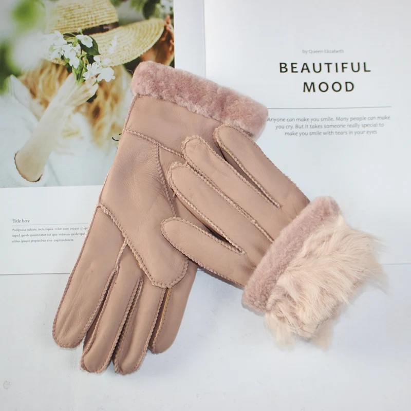 New Winter Women's Sheepskin Fur Gloves Thickened Warm Wool Lining Windproof Leather Driving Gloves