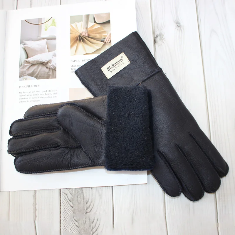New Winter Women's Sheepskin Fur Gloves Thickened Warm Wool Lining Windproof Leather Driving Gloves
