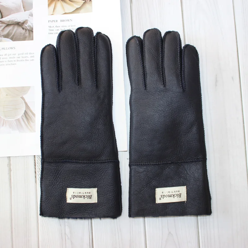 New Winter Women's Sheepskin Fur Gloves Thickened Warm Wool Lining Windproof Leather Driving Gloves