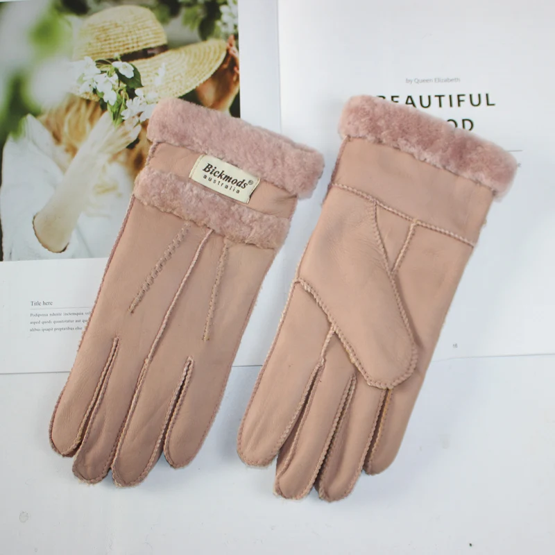 New Winter Women's Sheepskin Fur Gloves Thickened Warm Wool Lining Windproof Leather Driving Gloves