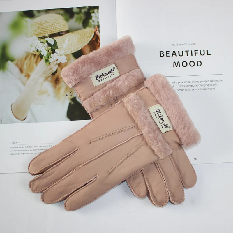 New Winter Women's Sheepskin Fur Gloves Thickened Warm Wool Lining Windproof Leather Driving Gloves