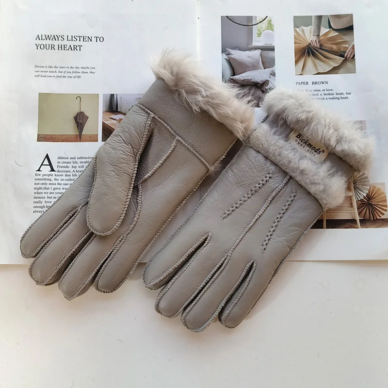 New Winter Women's Sheepskin Fur Gloves Thickened Warm Wool Lining Windproof Leather Driving Gloves