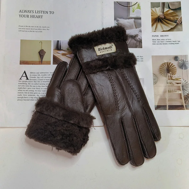 New Winter Women's Sheepskin Fur Gloves Thickened Warm Wool Lining Windproof Leather Driving Gloves