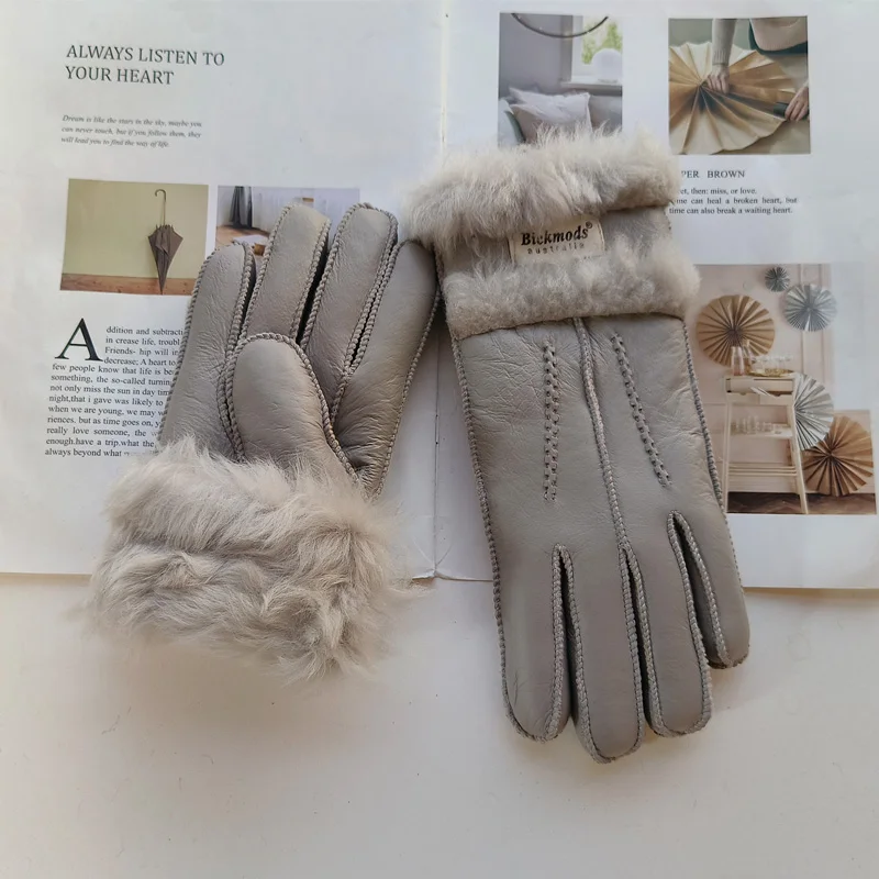 New Winter Women's Sheepskin Fur Gloves Thickened Warm Wool Lining Windproof Leather Driving Gloves