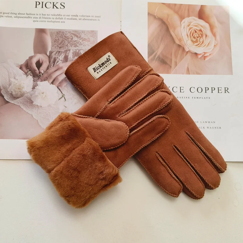 New Winter Women's Sheepskin Fur Gloves Thickened Warm Wool Lining Windproof Leather Driving Gloves