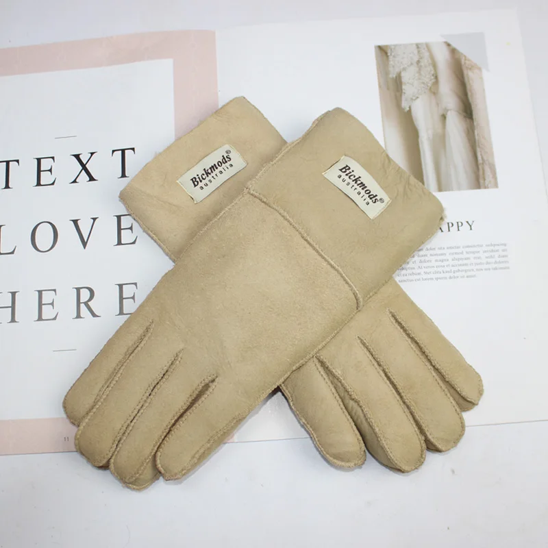 New Winter Women's Sheepskin Fur Gloves Thickened Warm Wool Lining Windproof Leather Driving Gloves