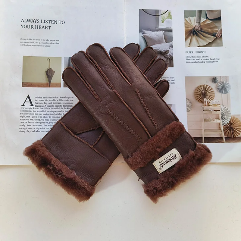 New Winter Women's Sheepskin Fur Gloves Thickened Warm Wool Lining Windproof Leather Driving Gloves