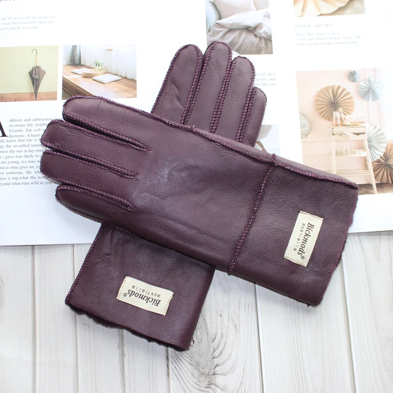 New Winter Women's Sheepskin Fur Gloves Thickened Warm Wool Lining Windproof Leather Driving Gloves