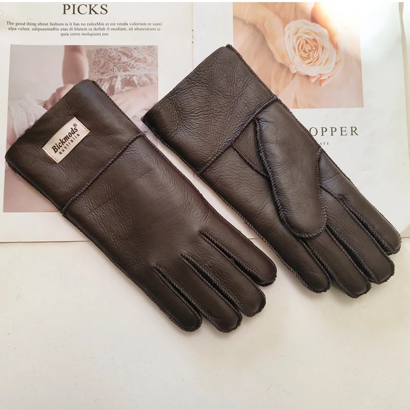 New Winter Women's Sheepskin Fur Gloves Thickened Warm Wool Lining Windproof Leather Driving Gloves