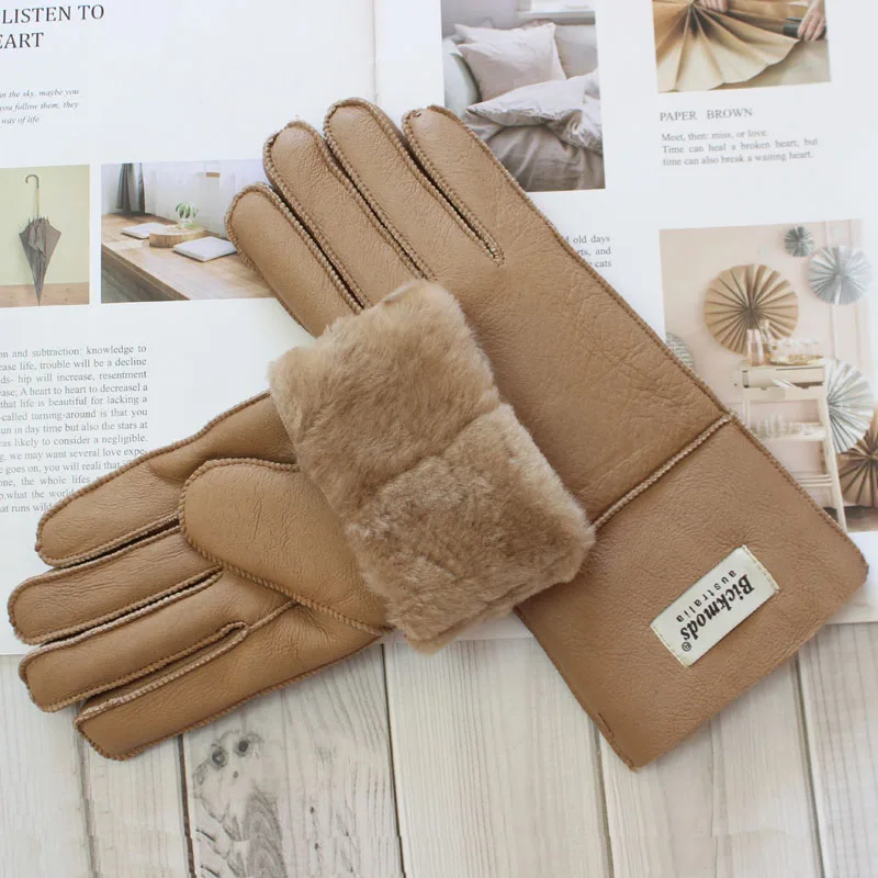New Winter Women's Sheepskin Fur Gloves Thickened Warm Wool Lining Windproof Leather Driving Gloves