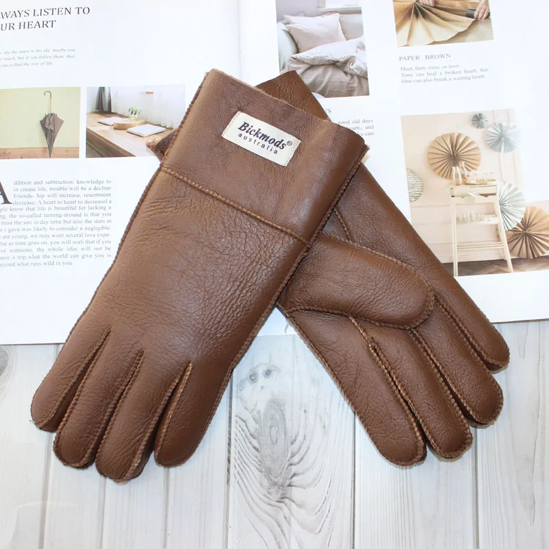 New Winter Women's Sheepskin Fur Gloves Thickened Warm Wool Lining Windproof Leather Driving Gloves