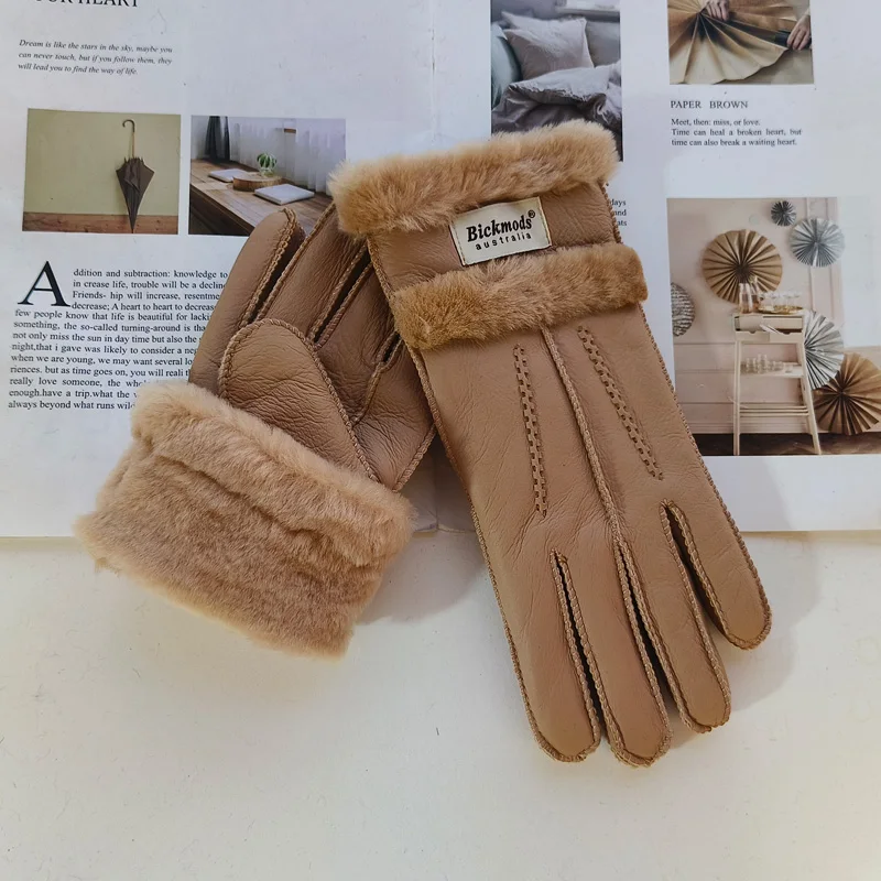 New Winter Women's Sheepskin Fur Gloves Thickened Warm Wool Lining Windproof Leather Driving Gloves