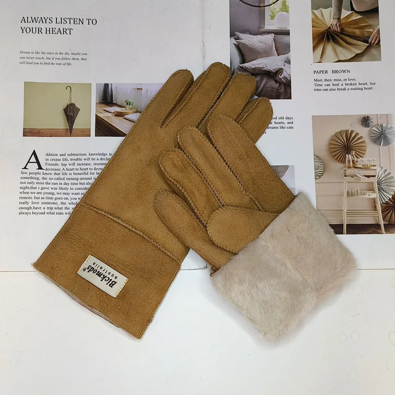 New Winter Women's Sheepskin Fur Gloves Thickened Warm Wool Lining Windproof Leather Driving Gloves