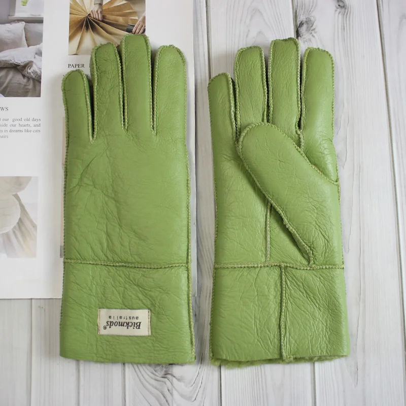 New Winter Women's Sheepskin Fur Gloves Thickened Warm Wool Lining Windproof Leather Driving Gloves