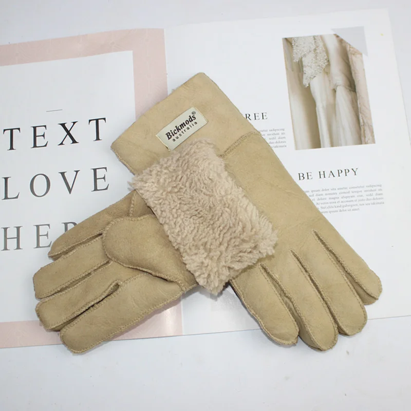 New Winter Women's Sheepskin Fur Gloves Thickened Warm Wool Lining Windproof Leather Driving Gloves