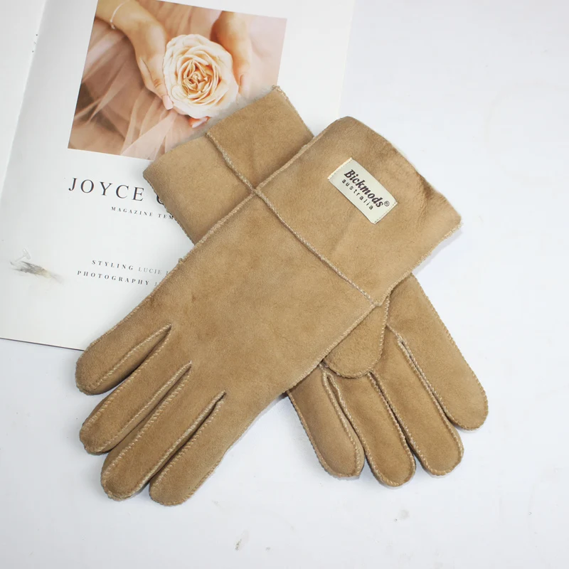 New Winter Women's Sheepskin Fur Gloves Thickened Warm Wool Lining Windproof Leather Driving Gloves
