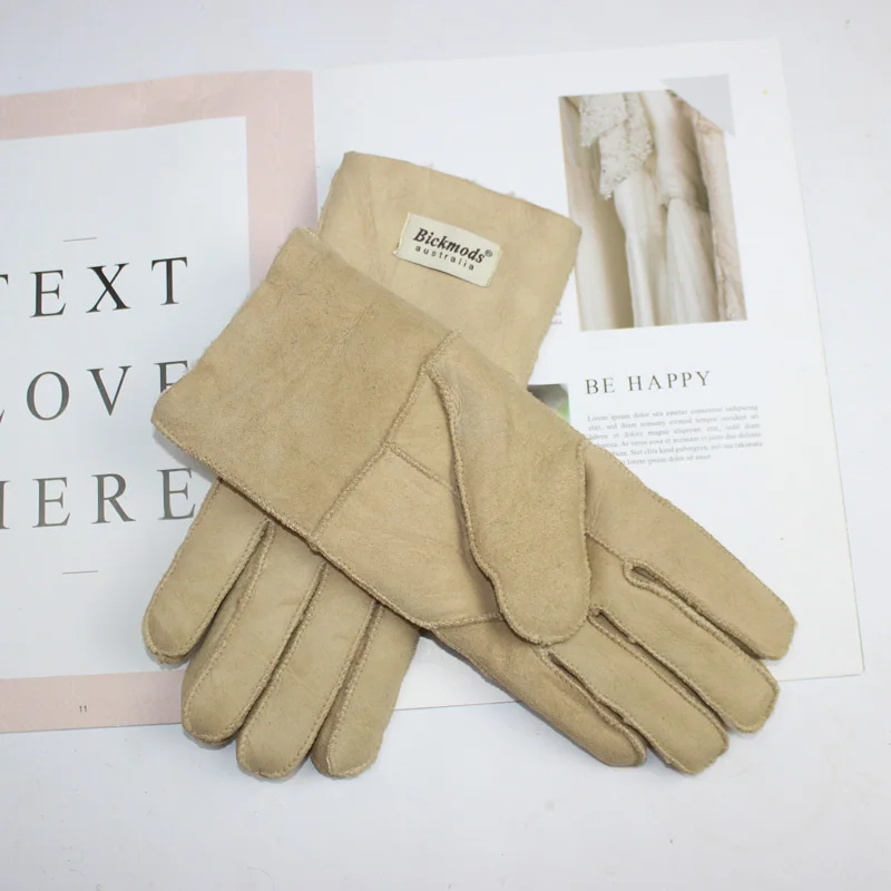 New Winter Women's Sheepskin Fur Gloves Thickened Warm Wool Lining Windproof Leather Driving Gloves