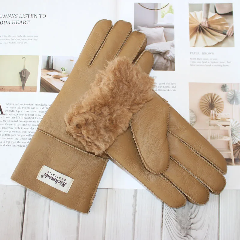 New Winter Women's Sheepskin Fur Gloves Thickened Warm Wool Lining Windproof Leather Driving Gloves
