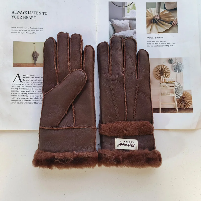 New Winter Women's Sheepskin Fur Gloves Thickened Warm Wool Lining Windproof Leather Driving Gloves