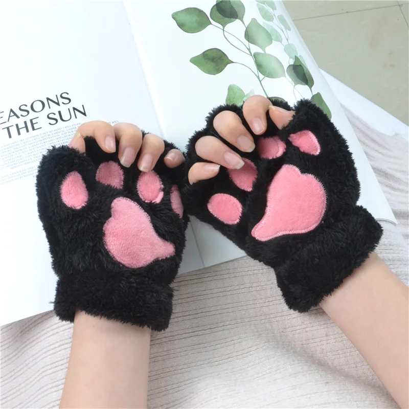 Lovely Plush Cat Claw Paw Gloves Plush Mittens Warm Soft Plush Short Fingerless Fluffy Bear Gloves Costume Half Finger Gloves