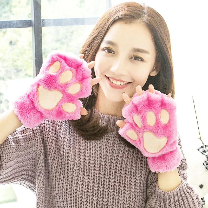 Lovely Plush Cat Claw Paw Gloves Plush Mittens Warm Soft Plush Short Fingerless Fluffy Bear Gloves Costume Half Finger Gloves