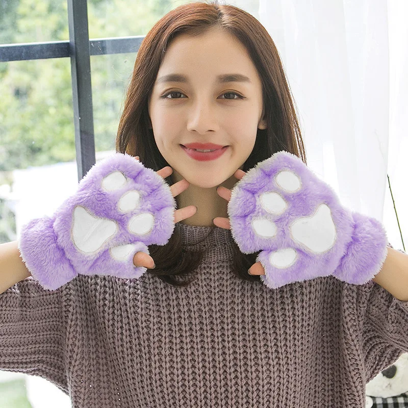 Lovely Plush Cat Claw Paw Gloves Plush Mittens Warm Soft Plush Short Fingerless Fluffy Bear Gloves Costume Half Finger Gloves
