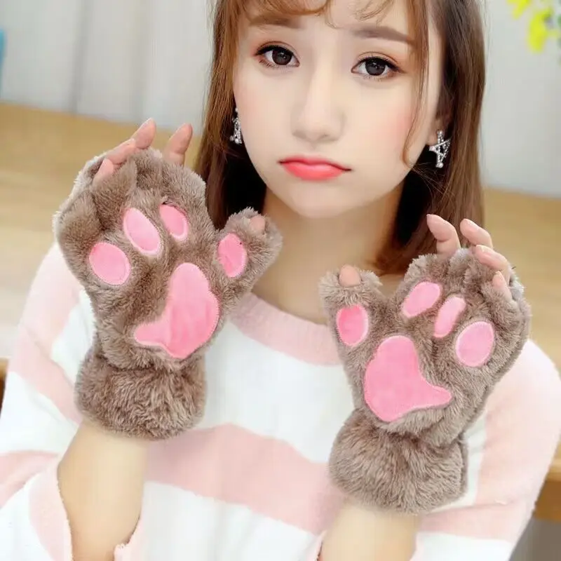 Lovely Plush Cat Claw Paw Gloves Plush Mittens Warm Soft Plush Short Fingerless Fluffy Bear Gloves Costume Half Finger Gloves