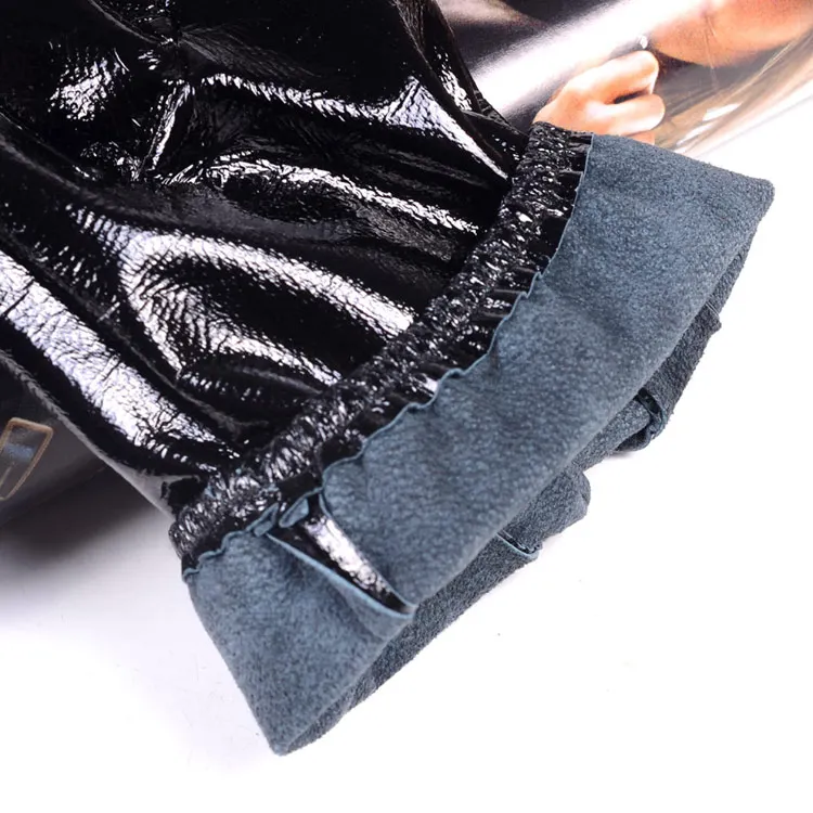 Men's 100% Real Leather Shiny Black Patent Leather Unlined Shrink Wrist Short GLOVES