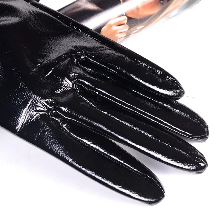 Men's 100% Real Leather Shiny Black Patent Leather Unlined Shrink Wrist Short GLOVES