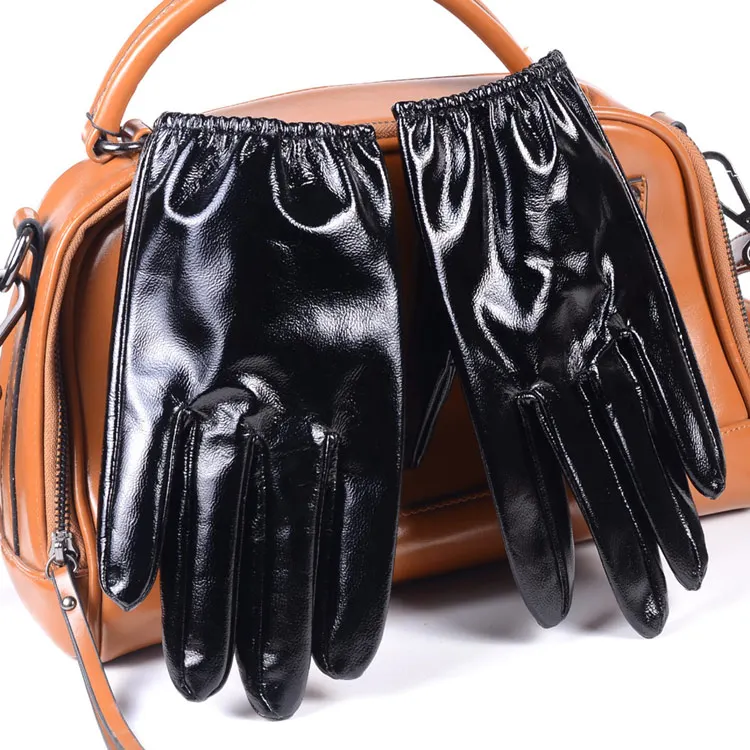 Men's 100% Real Leather Shiny Black Patent Leather Unlined Shrink Wrist Short GLOVES