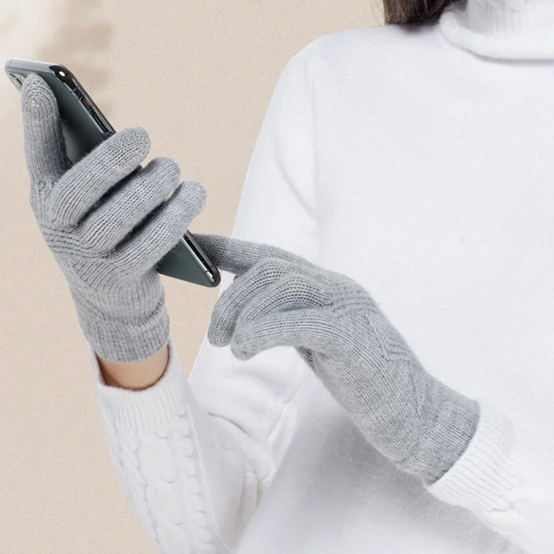 Women Winter Thickening Cold-proof Outdoor Cycling Warm Touch Screen Knitted Woolen Gloves Fashion Solid Color Student