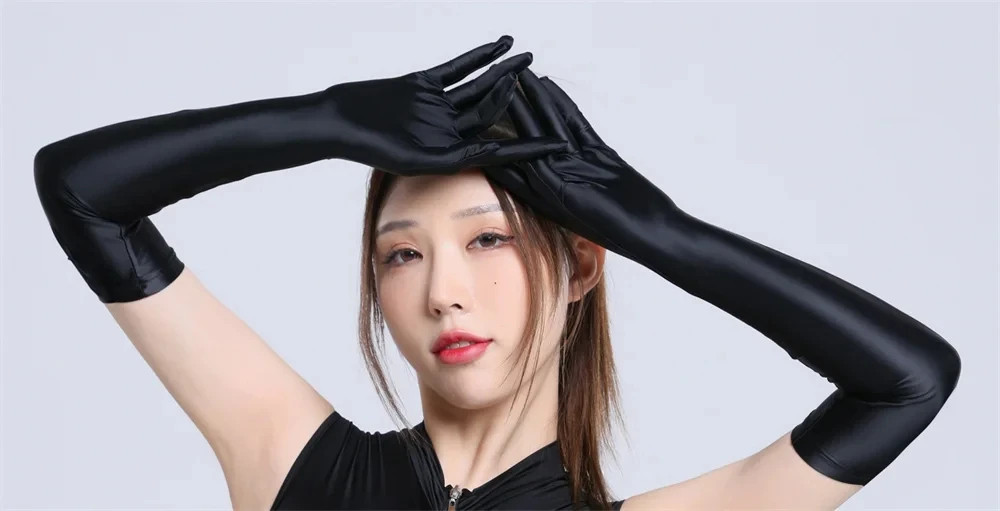 Sexy Oil Shiny High Stretch Woman Long Gloves Elegant Transparent Night Club Party Cosplay Sunscreen Driving Five Finger Gloves