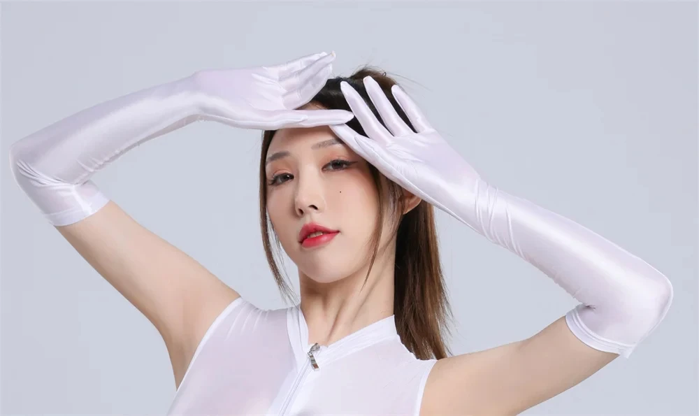 Sexy Oil Shiny High Stretch Woman Long Gloves Elegant Transparent Night Club Party Cosplay Sunscreen Driving Five Finger Gloves