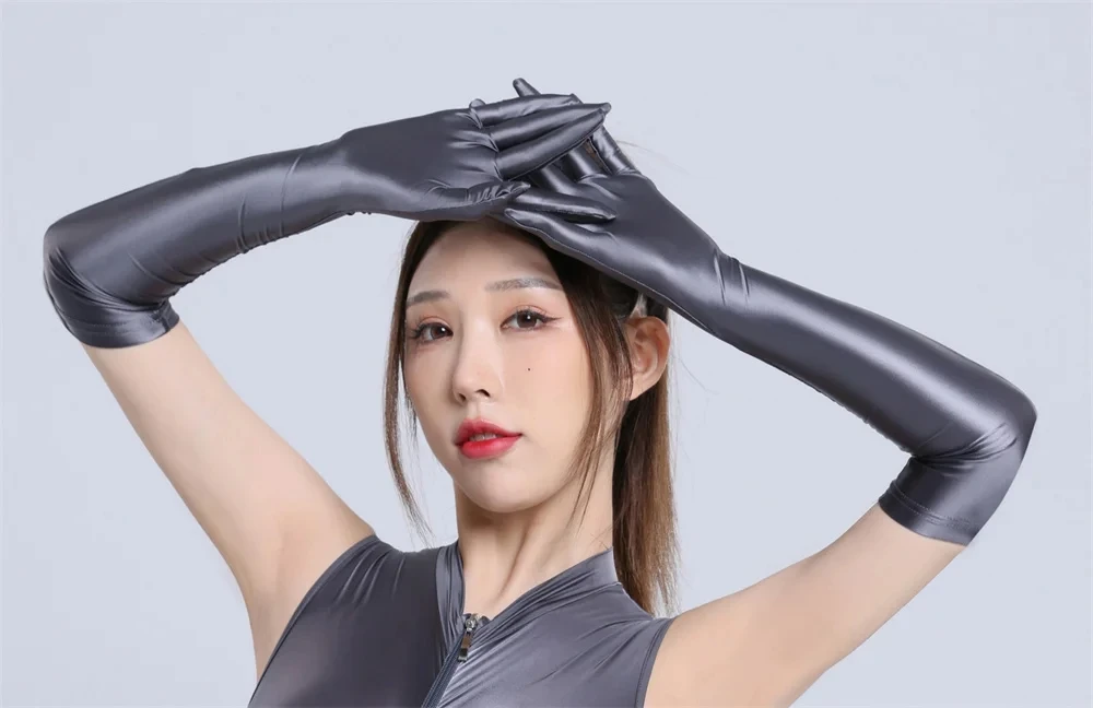 Sexy Oil Shiny High Stretch Woman Long Gloves Elegant Transparent Night Club Party Cosplay Sunscreen Driving Five Finger Gloves