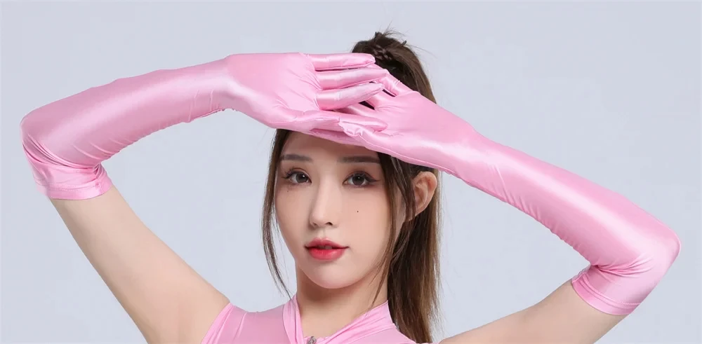 Sexy Oil Shiny High Stretch Woman Long Gloves Elegant Transparent Night Club Party Cosplay Sunscreen Driving Five Finger Gloves