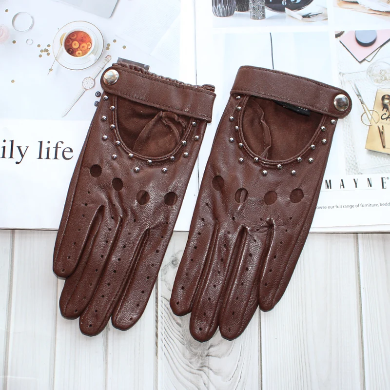 Women Fashion New Hollow Breathable High-Quality Goatskin Genuine Leather Outdoor Cycling Colorful Gloves Spring and Autumn