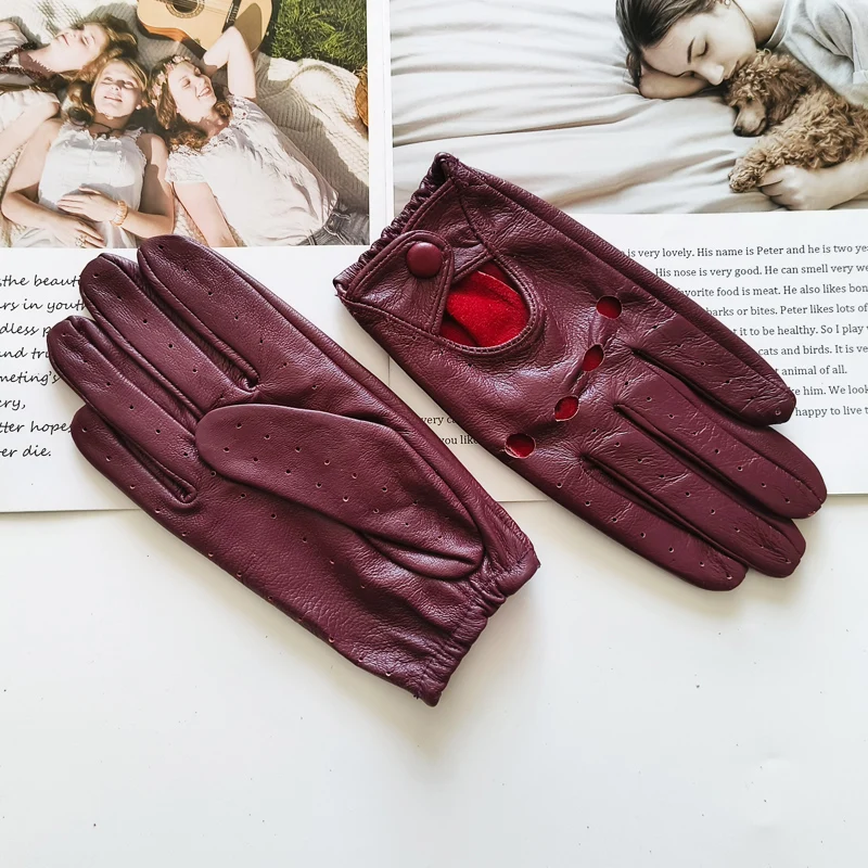 Women Fashion New Hollow Breathable High-Quality Goatskin Genuine Leather Outdoor Cycling Colorful Gloves Spring and Autumn