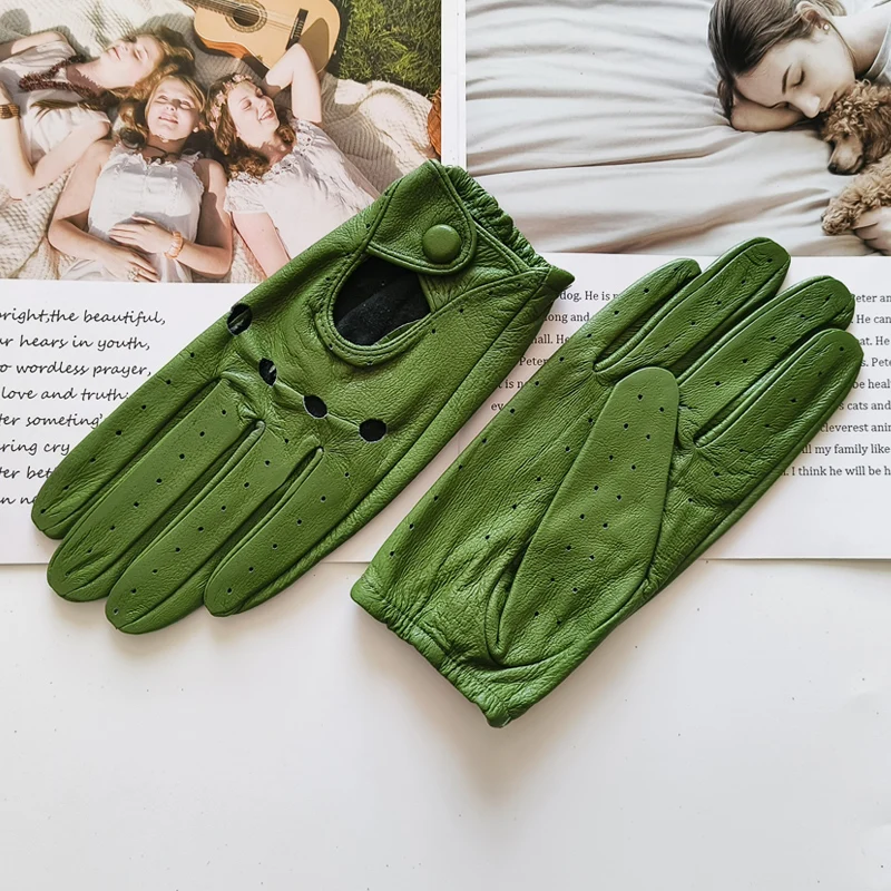 Women Fashion New Hollow Breathable High-Quality Goatskin Genuine Leather Outdoor Cycling Colorful Gloves Spring and Autumn