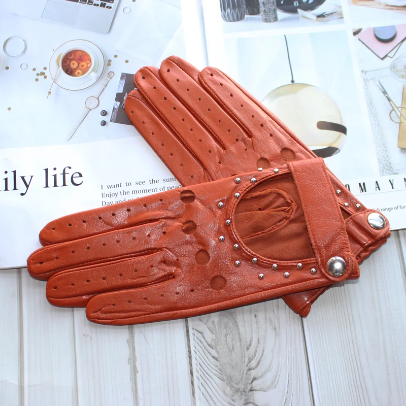 Women Fashion New Hollow Breathable High-Quality Goatskin Genuine Leather Outdoor Cycling Colorful Gloves Spring and Autumn